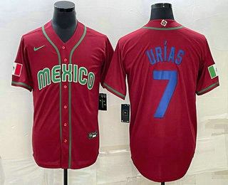 Mens Mexico Baseball #7 Julio Urias 2023 Red Blue World Baseball Classic Stitched Jersey->2023 world baseball classic->MLB Jersey